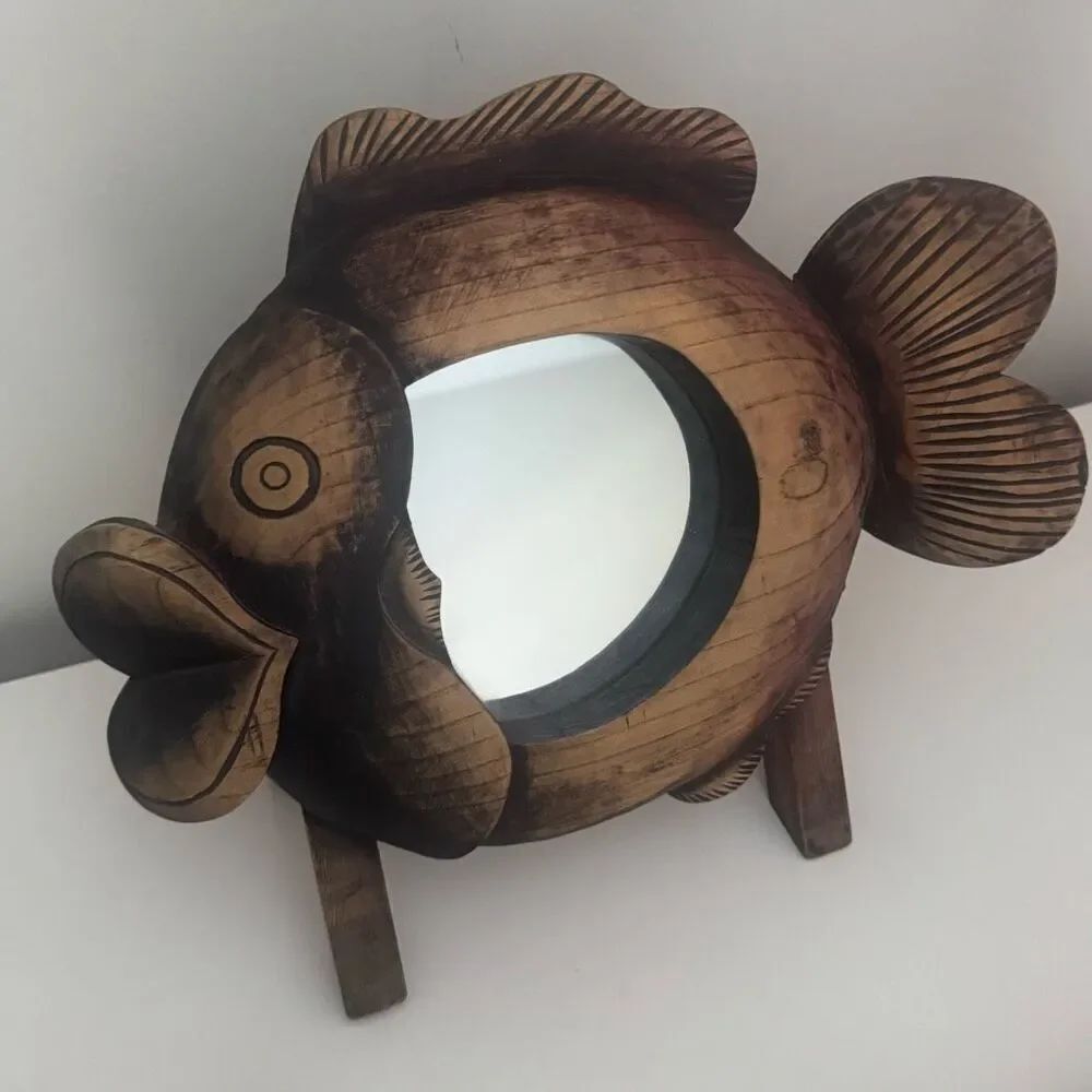 Vintage Hand-Carved Wooden Fish Standing Mirror Boho Folk Art Tropical Whimsy